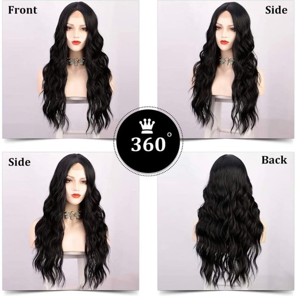 AISI QUEENS Long Black Wavy Wigs for Women Middle Part Curly Black Wig Natural - Picture 4 of 9